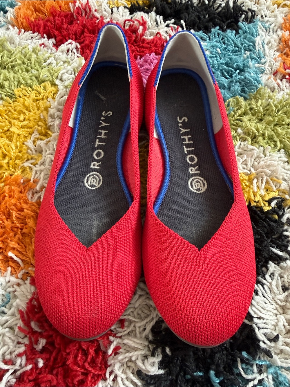 Rothy's Red Knit Flats with Blue Trim